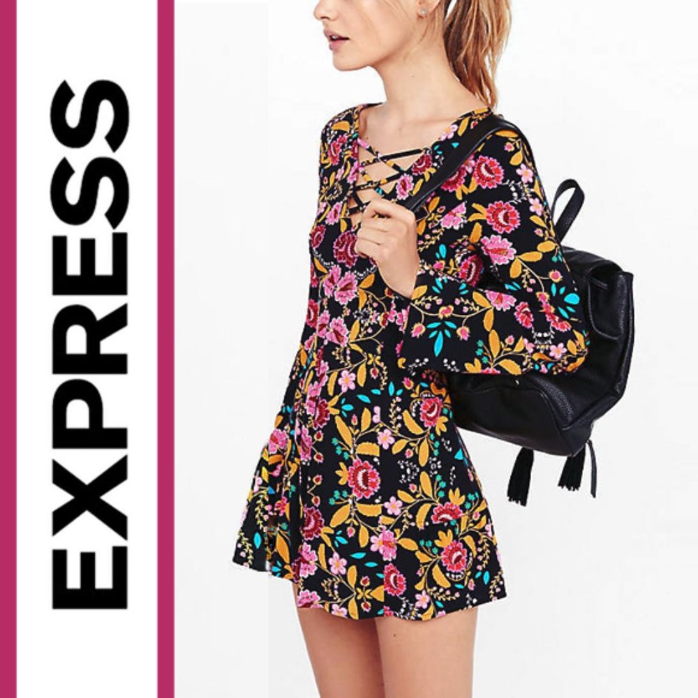 Express | Floral Print Lace-up Neckline Jumpsuit